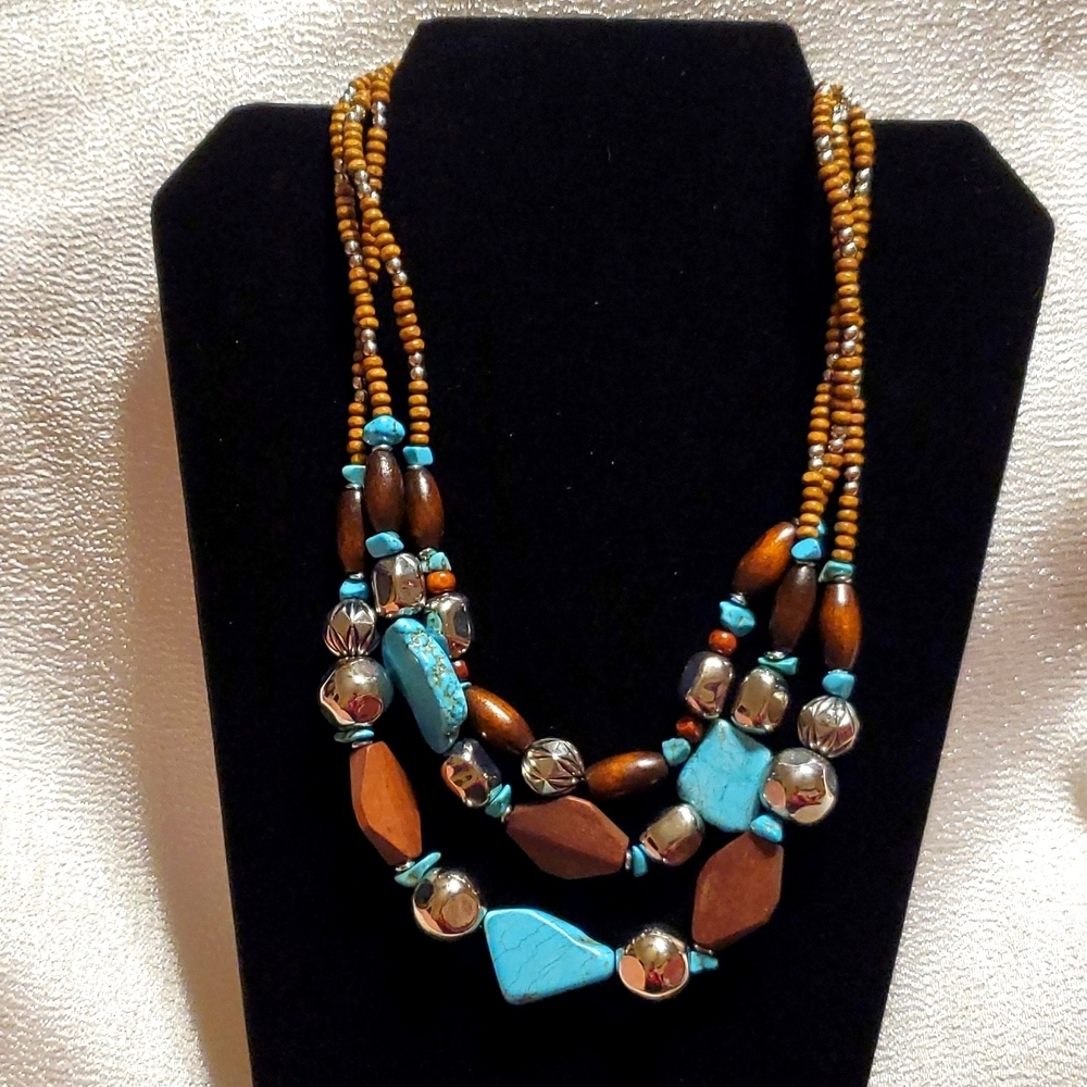 Chunky 3 Layers Natural Wood Beads Multi Strands NWT